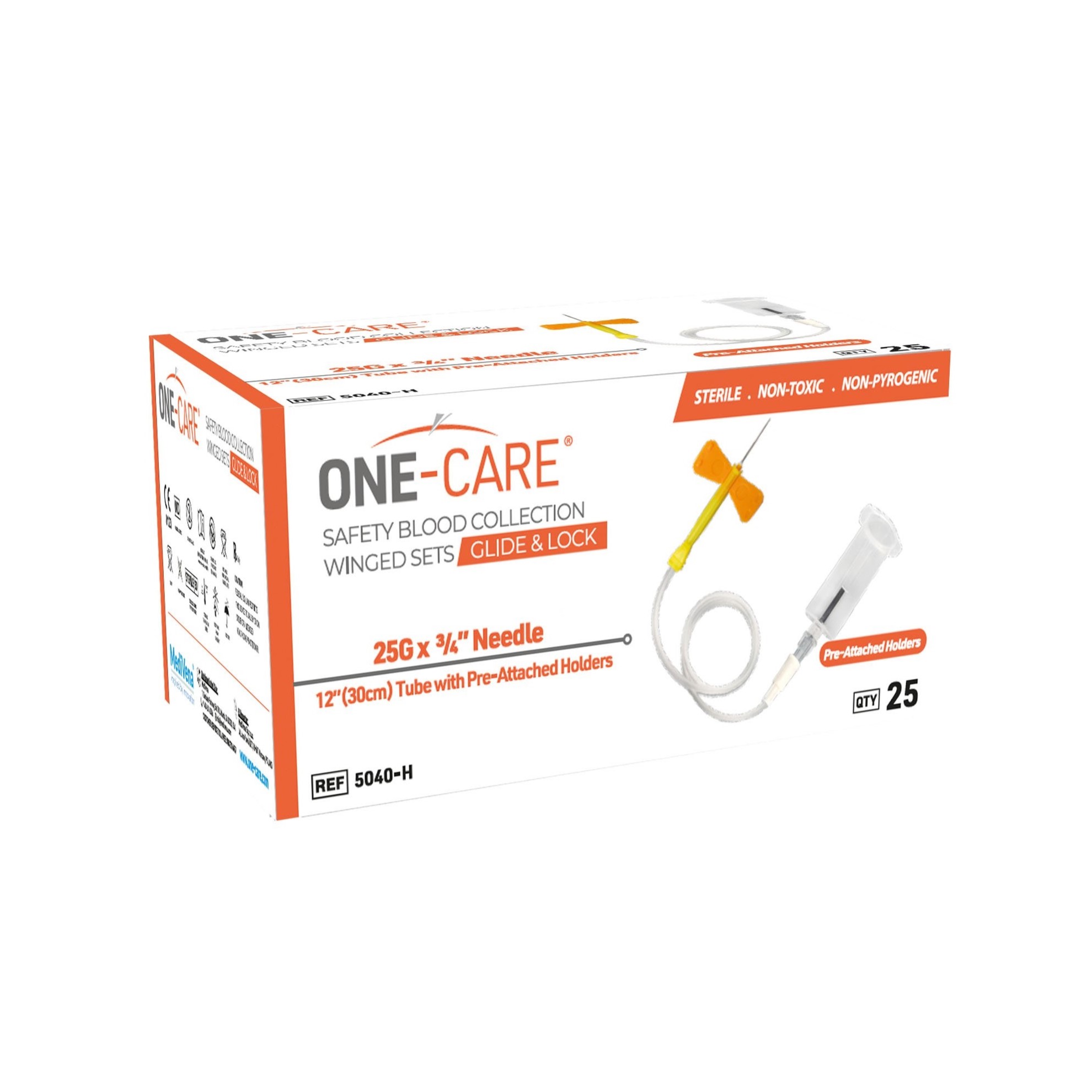 Set Blood Collection Butterfly GLIDE & LOCK Safety Blood Collection Wing Set  25G x 3/4', Orange, Luer Adapter, 12'' Tube  (25/BX 20BX/CS) by MediVena  ID 5040-H